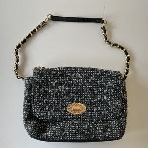 Purse - tweed black and white print with gold clasp and gold chain strap.